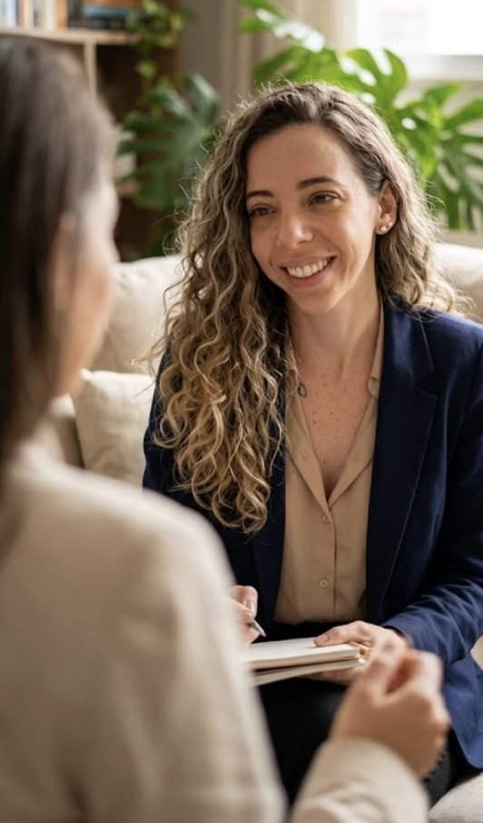 Caroline Ariel Psi, psicóloga clínica, sorrindo durante um atendimento